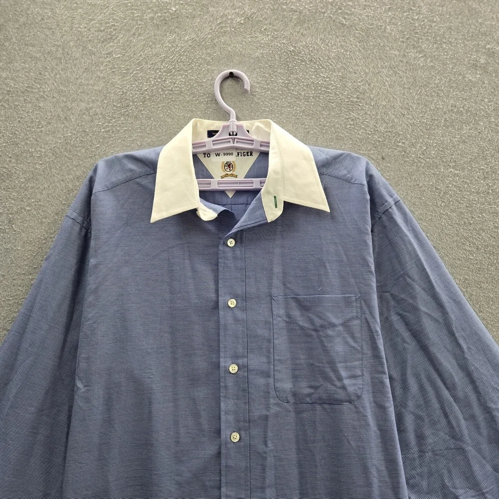 VINTAGE Tommy Hilfiger Men Button Up Shirt 16X34 Blue Embroidered Striped Crest